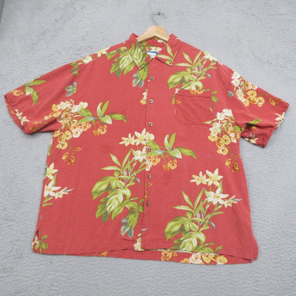 Seven Palm 100% Silk Hawaiian Camp Shirt Mens XL Orange Floral Aloha Tropical